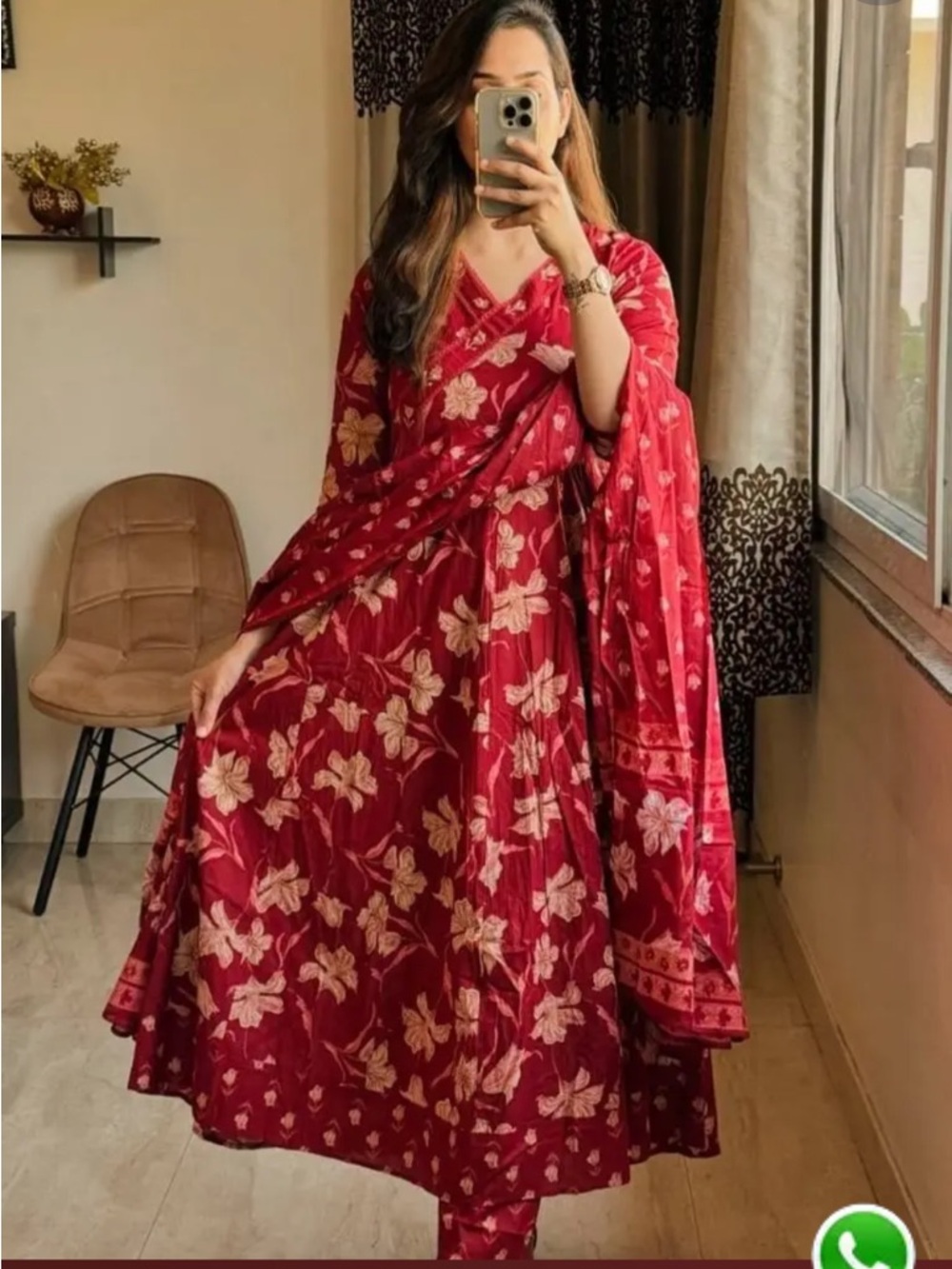 New Style Sanganeri Print Red Colour Anarkali Kurti Pant Dupatta Set